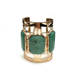 Forever 21 Goldtone Modern Cutout Cuff Bracelet with Teal Green Faux Stones